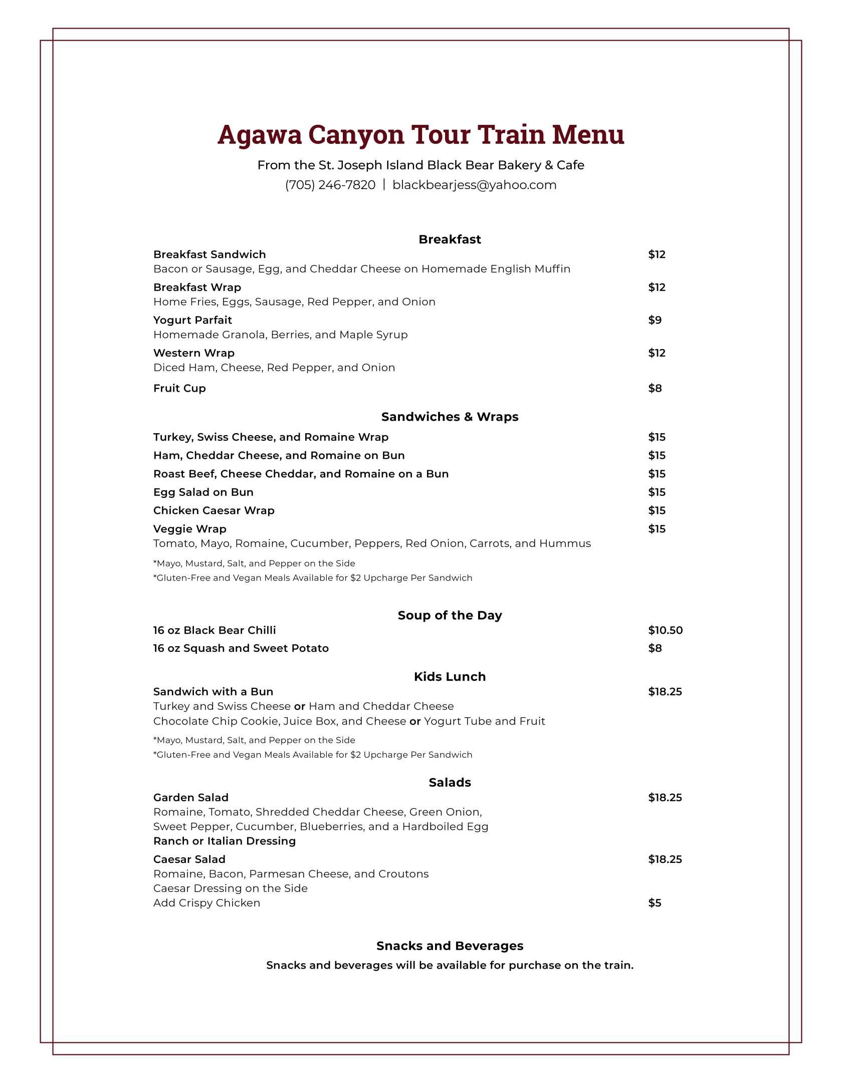 Agawa Canyon Tour Train Menu with breakfast, sandwiches, salads, and more, listing prices and meal options.