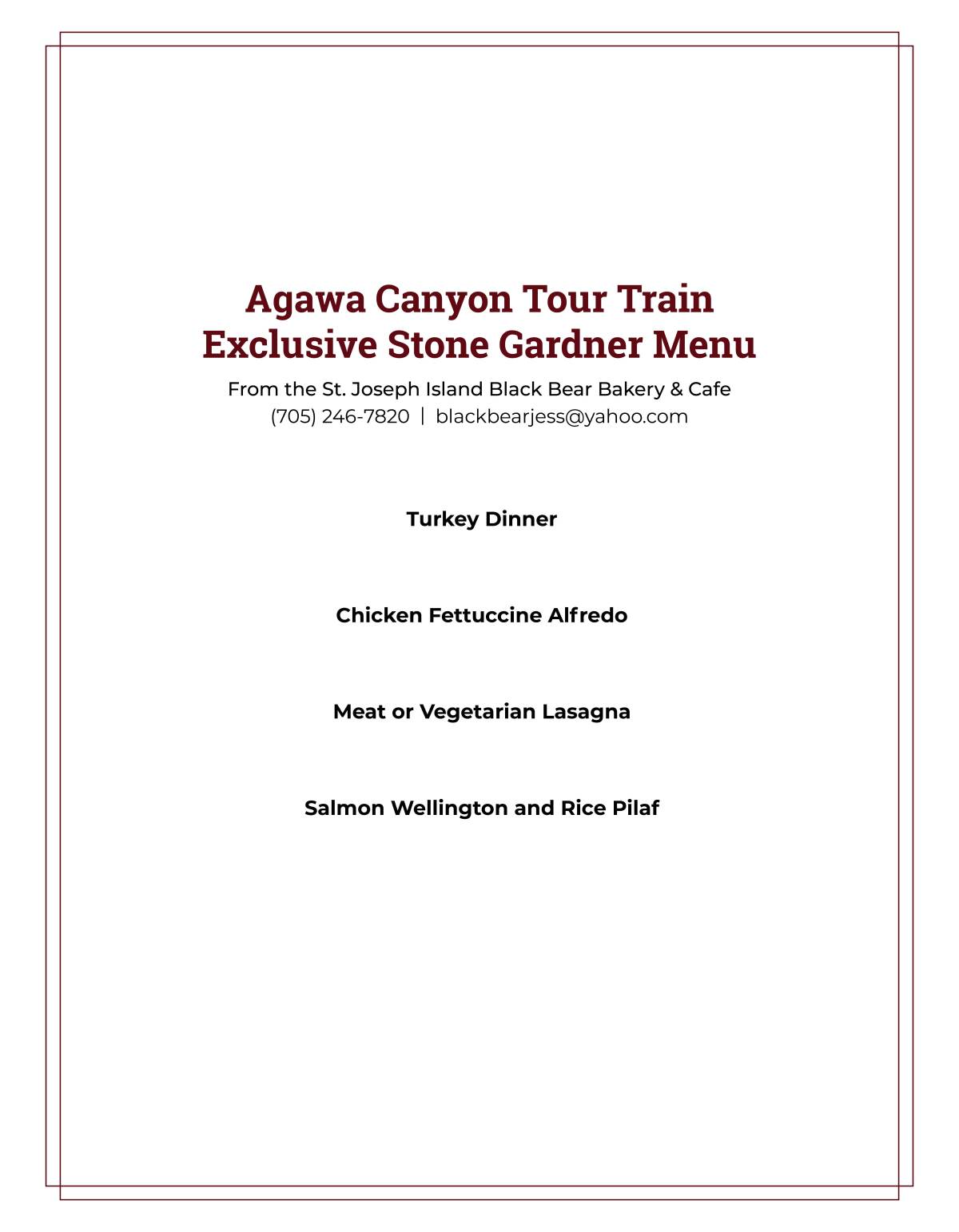 Agawa Canyon Tour Train menu listing turkey dinner, pasta, lasagna, and salmon dishes.
