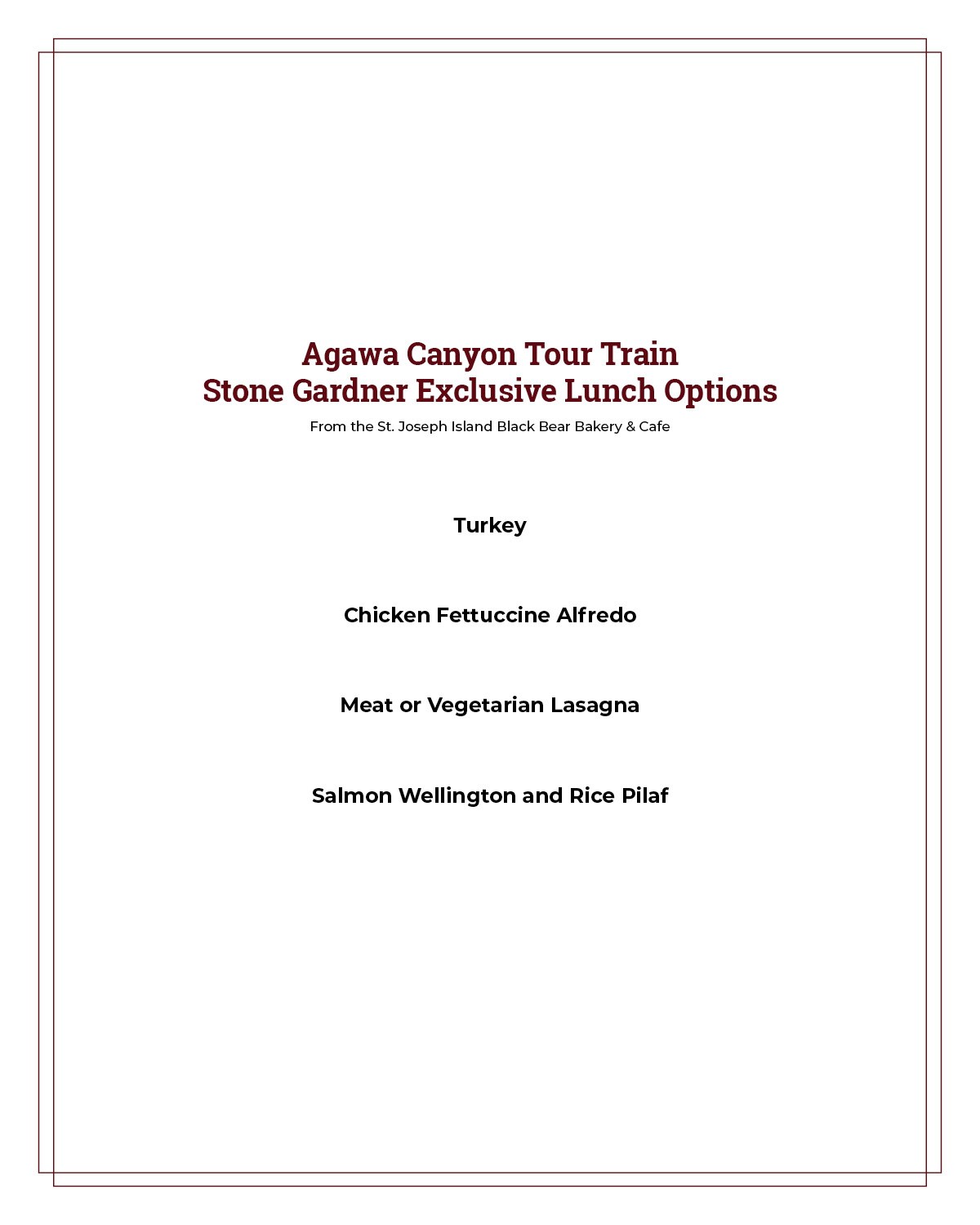 Menu with lunch options including turkey, fettuccine, lasagna, salmon.